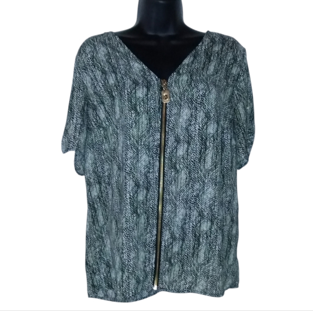 Michael Kors green black short sleeve top, zip up front, like new